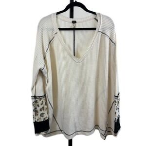 We The Free People Top Women's Size Medium Cream Waffle Leopard Cuff Shirt